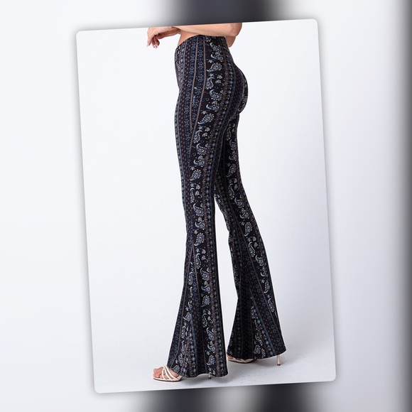 Tik Tok Famous Black Blue Tribal Print Bell Bottom Flare Stretch Pants - Picture 3 of 14